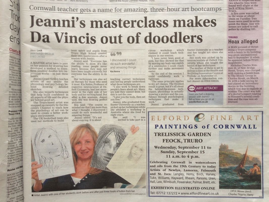 Picture of the artticle in the West Briton about Jeanni and her unique approach to teaching sketch, perspective and paint.