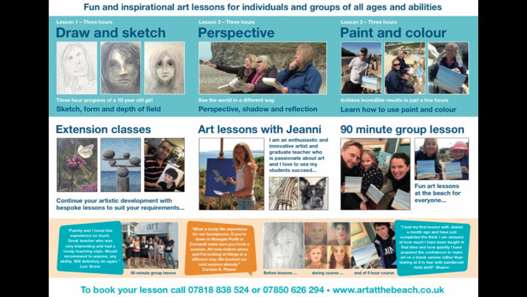 A copy of my leaflet, showing my art lessons available in cornwall, online or 121 via zoom
