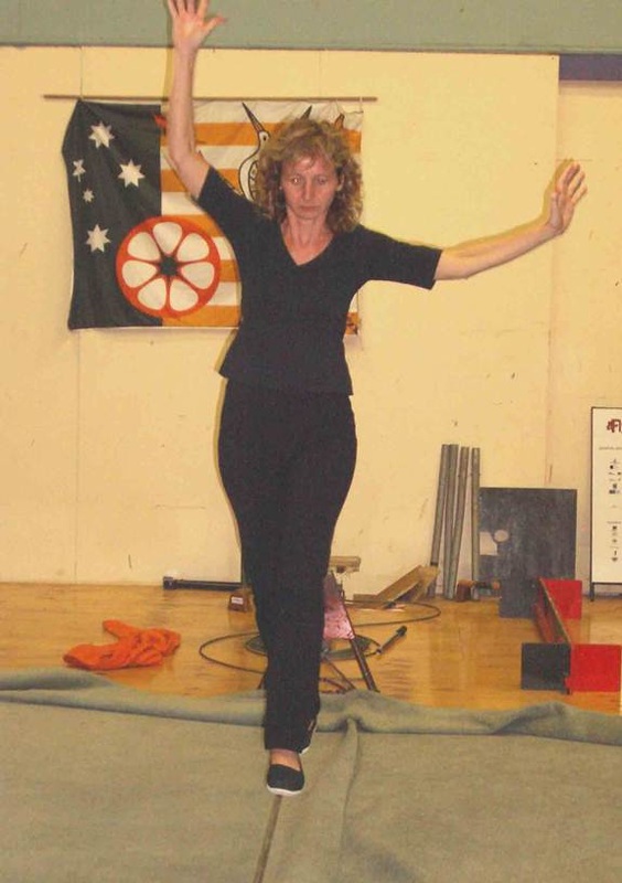 Picture of jeanni at The Flying Fruit Fly Circus School in Albury Wadonga, New South Wales, Austrailia. This is when jeanni learnt to tightrope walf in three hours which changed her life and the way she teaches art.