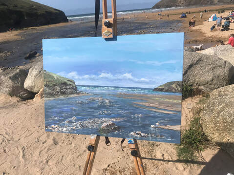 painting of the river in Mawgan Porth that runs through the beach