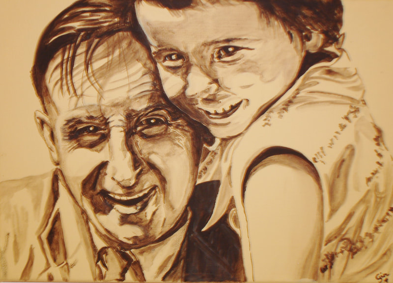 jeanni painting of herself and her father in monochrome
