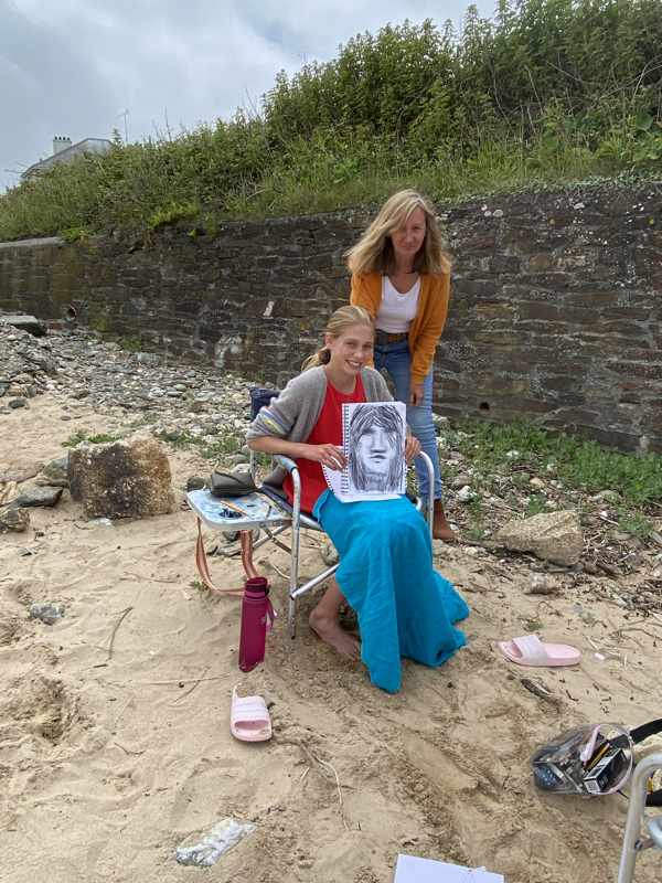 Sketch with a lovely young lady on the beach in Cornwall