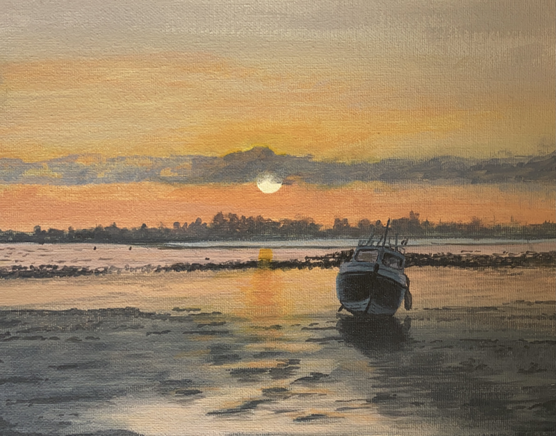 beautiful sunset painting with a boat, by a student