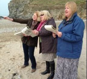 Picture of three ladies learning perspective on the beach with jeanni. Seeing is believing.